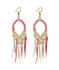 Leather and Beads Chain Tassel Design Waterdrop Design Bohemian Fashion Women Hoop Earrings