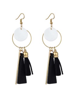 Geometric Pendants with Leather Tassel Design Elegant Hoop Dangling Fashion Women Alloy Earrings - Black