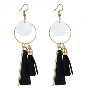 Geometric Pendants with Leather Tassel Design Elegant Hoop Dangling Fashion Women Alloy Earrings - Black