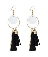 Geometric Pendants with Leather Tassel Design Elegant Hoop Dangling Fashion Women Alloy Earrings - Black