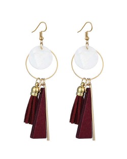 Geometric Pendants with Leather Tassel Design Elegant Hoop Dangling Fashion Women Alloy Earrings - Red