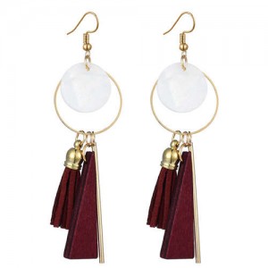 Geometric Pendants with Leather Tassel Design Elegant Hoop Dangling Fashion Women Alloy Earrings - Red