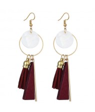 Geometric Pendants with Leather Tassel Design Elegant Hoop Dangling Fashion Women Alloy Earrings - Red