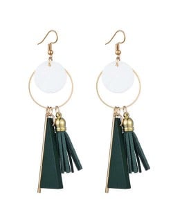 Geometric Pendants with Leather Tassel Design Elegant Hoop Dangling Fashion Women Alloy Earrings - Green