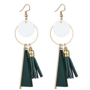 Geometric Pendants with Leather Tassel Design Elegant Hoop Dangling Fashion Women Alloy Earrings - Green
