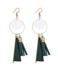 Geometric Pendants with Leather Tassel Design Elegant Hoop Dangling Fashion Women Alloy Earrings - Green