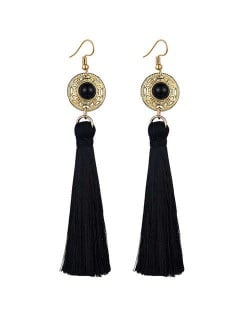Long Threads Tassel with Round Golden Pendant Bohemian Fashion Women Costume Earrings - Black