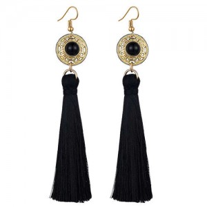 Long Threads Tassel with Round Golden Pendant Bohemian Fashion Women Costume Earrings - Black