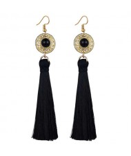 Long Threads Tassel with Round Golden Pendant Bohemian Fashion Women Costume Earrings - Black