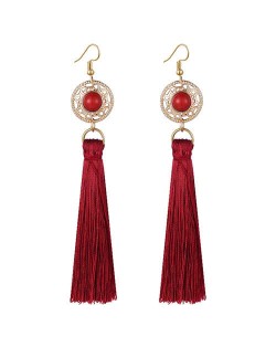 Long Threads Tassel with Round Golden Pendant Bohemian Fashion Women Costume Earrings - Red