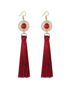 Long Threads Tassel with Round Golden Pendant Bohemian Fashion Women Costume Earrings - Red