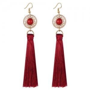Long Threads Tassel with Round Golden Pendant Bohemian Fashion Women Costume Earrings - Red