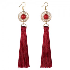 Long Threads Tassel with Round Golden Pendant Bohemian Fashion Women Costume Earrings - Red