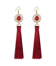 Long Threads Tassel with Round Golden Pendant Bohemian Fashion Women Costume Earrings - Red