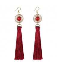 Long Threads Tassel with Round Golden Pendant Bohemian Fashion Women Costume Earrings - Red