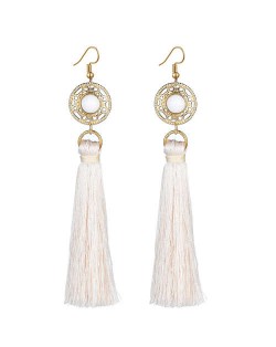 Long Threads Tassel with Round Golden Pendant Bohemian Fashion Women Costume Earrings - White