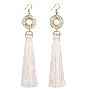 Long Threads Tassel with Round Golden Pendant Bohemian Fashion Women Costume Earrings - White