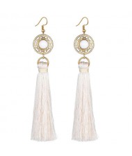 Long Threads Tassel with Round Golden Pendant Bohemian Fashion Women Costume Earrings - White