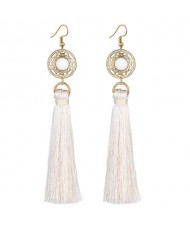 Long Threads Tassel with Round Golden Pendant Bohemian Fashion Women Costume Earrings - White