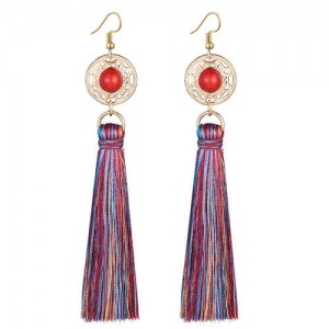 Long Threads Tassel with Round Golden Pendant Bohemian Fashion Women Costume Earrings - Multicolor