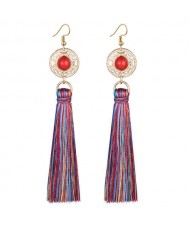 Long Threads Tassel with Round Golden Pendant Bohemian Fashion Women Costume Earrings - Multicolor