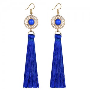 Long Threads Tassel with Round Golden Pendant Bohemian Fashion Women Costume Earrings - Blue