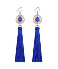 Long Threads Tassel with Round Golden Pendant Bohemian Fashion Women Costume Earrings - Blue