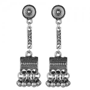 Vintage Jewel Box Pendant Tassel Fashion Women Alloy Earrings - Silver