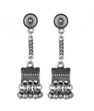 Vintage Jewel Box Pendant Tassel Fashion Women Alloy Earrings - Silver