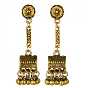 Vintage Jewel Box Pendant Tassel Fashion Women Alloy Earrings - Golden