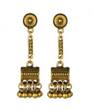 Vintage Jewel Box Pendant Tassel Fashion Women Alloy Earrings - Golden