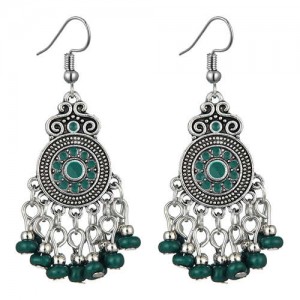 Beads Tassel Vintage Waterdrop Folk Fashion Women Alloy Costume Earrings - Green