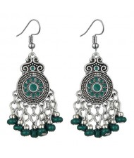 Beads Tassel Vintage Waterdrop Folk Fashion Women Alloy Costume Earrings - Green