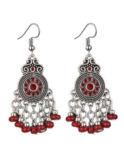 Beads Tassel Vintage Waterdrop Folk Fashion Women Alloy Costume Earrings - Red