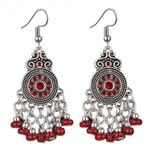 Beads Tassel Vintage Waterdrop Folk Fashion Women Alloy Costume Earrings - Red