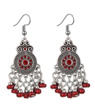 Beads Tassel Vintage Waterdrop Folk Fashion Women Alloy Costume Earrings - Red