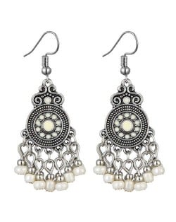 Beads Tassel Vintage Waterdrop Folk Fashion Women Alloy Costume Earrings - White
