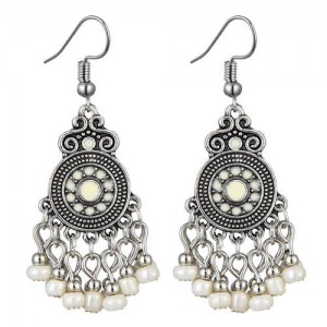 Beads Tassel Vintage Waterdrop Folk Fashion Women Alloy Costume Earrings - White