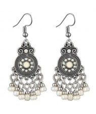 Beads Tassel Vintage Waterdrop Folk Fashion Women Alloy Costume Earrings - White