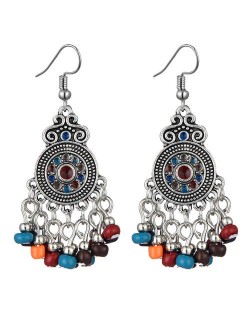 Beads Tassel Vintage Waterdrop Folk Fashion Women Alloy Costume Earrings - Multicolor