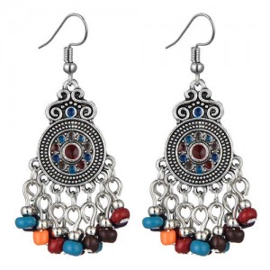 Beads Tassel Vintage Waterdrop Folk Fashion Women Alloy Costume Earrings - Multicolor