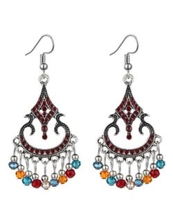 Beads Tassel Decorated Unique Waterdrop Design Vintage Fashion Women Costume Earrings - Red and Multicolor