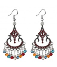 Beads Tassel Decorated Unique Waterdrop Design Vintage Fashion Women Costume Earrings - Red and Multicolor