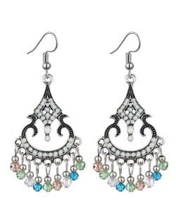 Beads Tassel Decorated Unique Waterdrop Design Vintage Fashion Women Costume Earrings - White and Multicolor