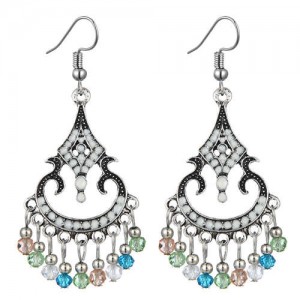 Beads Tassel Decorated Unique Waterdrop Design Vintage Fashion Women Costume Earrings - White and Multicolor