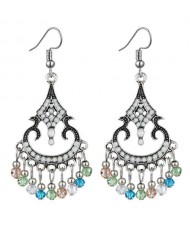 Beads Tassel Decorated Unique Waterdrop Design Vintage Fashion Women Costume Earrings - White and Multicolor