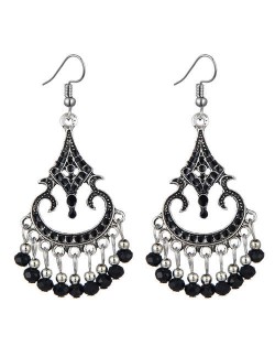 Beads Tassel Decorated Unique Waterdrop Design Vintage Fashion Women Costume Earrings - Black
