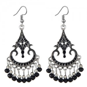 Beads Tassel Decorated Unique Waterdrop Design Vintage Fashion Women Costume Earrings - Black