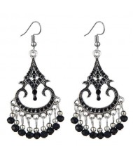 Beads Tassel Decorated Unique Waterdrop Design Vintage Fashion Women Costume Earrings - Black