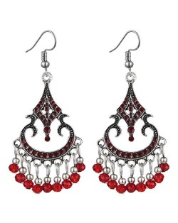 Beads Tassel Decorated Unique Waterdrop Design Vintage Fashion Women Costume Earrings - Red